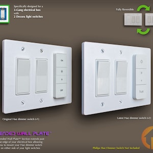 Philips Hue Dimmer Switch 3D-Printed 2-Gang Reversible Decora WALL PLATE - Extended Wall Plate - (2g.ext d-d-ds)