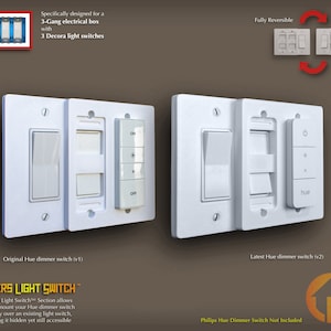 May include: White plastic covers for a 3-gang electrical box, designed to fit over existing light switches. The covers feature a cutout for a Philips Hue dimmer switch, allowing it to be hidden behind the cover while still being accessible. The text "Covers Light Switch" is printed on the bottom of the image.