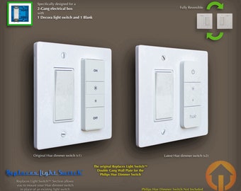 Philips Hue Dimmer Switch 3D-Printed 2-Gang Reversible Decora WALL PLATE - Replaces Light Switch - (2g.rep d-hue)