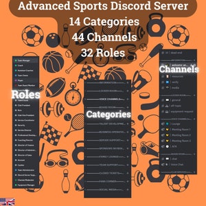 May include: A graphic showing the organization of a sports Discord server with 14 categories, 44 channels, and 32 roles. The graphic features a variety of sports-related icons, including basketballs, footballs, and bowling pins. The text "Advanced Sports Discord Server" is at the top of the graphic.