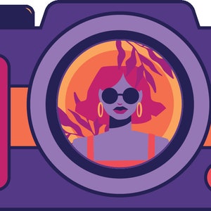 May include: A purple camera with a lens showing a woman with red hair wearing sunglasses and a red top against a sunset background.
