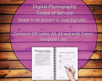 Photography Terms of Service, Printable, IPad, Tablet, Android, Adobe, Canva Link in Sizes A3, A4, and US Letter. PDF editable