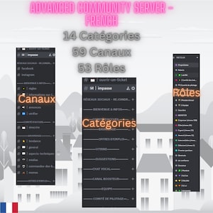 May include: A screenshot of a Discord server interface with a list of categories, channels, and roles. The server is for a French community and has 14 categories, 59 channels, and 53 roles. The categories include "Bienvenue & Infos", "Comité d'Accueil", "Bavardage", "Offres d'Emploi", "Vitrine", "Suggestions", "Chat Vocal", "Canal Booster", "Equipe", and "Comité de Pilotage".