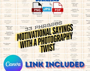 Photography Puns, 33 Motivational Sayings, Canva Ready (JPG, PNG, PDF)