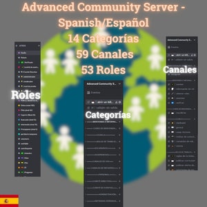 May include: A screenshot of a Discord server interface with the title "Advanced Community Server - Spanish/Español". The server has 14 categories, 59 channels, and 53 roles. The categories include "Welcome and Information", "Chat", "Work", "Suggestions", "Voice Channels", "Reference Channels", "Personal", "Leadership", "Events", and "Closed Channels".