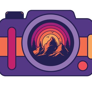 May include: A purple camera with a lens showing a mountain range at sunset. The sunset is a gradient of orange, red, and purple. The mountain range is brown and black. The camera has a red button on the right side.