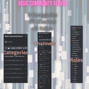 以下が含まれることがあります： Discord サーバーインターフェースのスクリーンショットで、カテゴリ、チャンネル、ロールのリストが表示されています。サーバーの名前は「Basic Community Server」で、6 つのカテゴリ、29 のチャンネル、43 のロールがあります。カテゴリには、「ソーシャルメディア」、「ようこそ＆情報」、「おしゃべり」、「ボイスチャンネル」、「スタッフ」、「クローズドチケット」があります。チャンネルには、「#open-a-ticket」、「#dead-end」、「#facebook」、「#instagram」、「#rules」、「#role-info」、「#get-roles」、「#announcements」、「#verify」、「#general」、「#technical stuff」、「#media」、「#bot-commands」、「#memes」、「#v-text-spam」、「#lounge」、「#gaming」、「#private」、「#aux」、「#afk」があります。ロールには、「オーナー」、「認証済み」、「管理者」、「スタッフ」、「ミュート」、「神 (LVL 100)」、「エリート (LVL 50)」、「エキスパート (LVL 25)」、「上級 (LVL 10)」、「中級 (LVL 5)」、「初心者 (LVL 1)」、「ボランティア」、「メンバー」、「TheTham」、「Aik」、「サル」、「犬」、「虎」、「馬」、「豚」、「キツネ」、「ネズミ」があります。