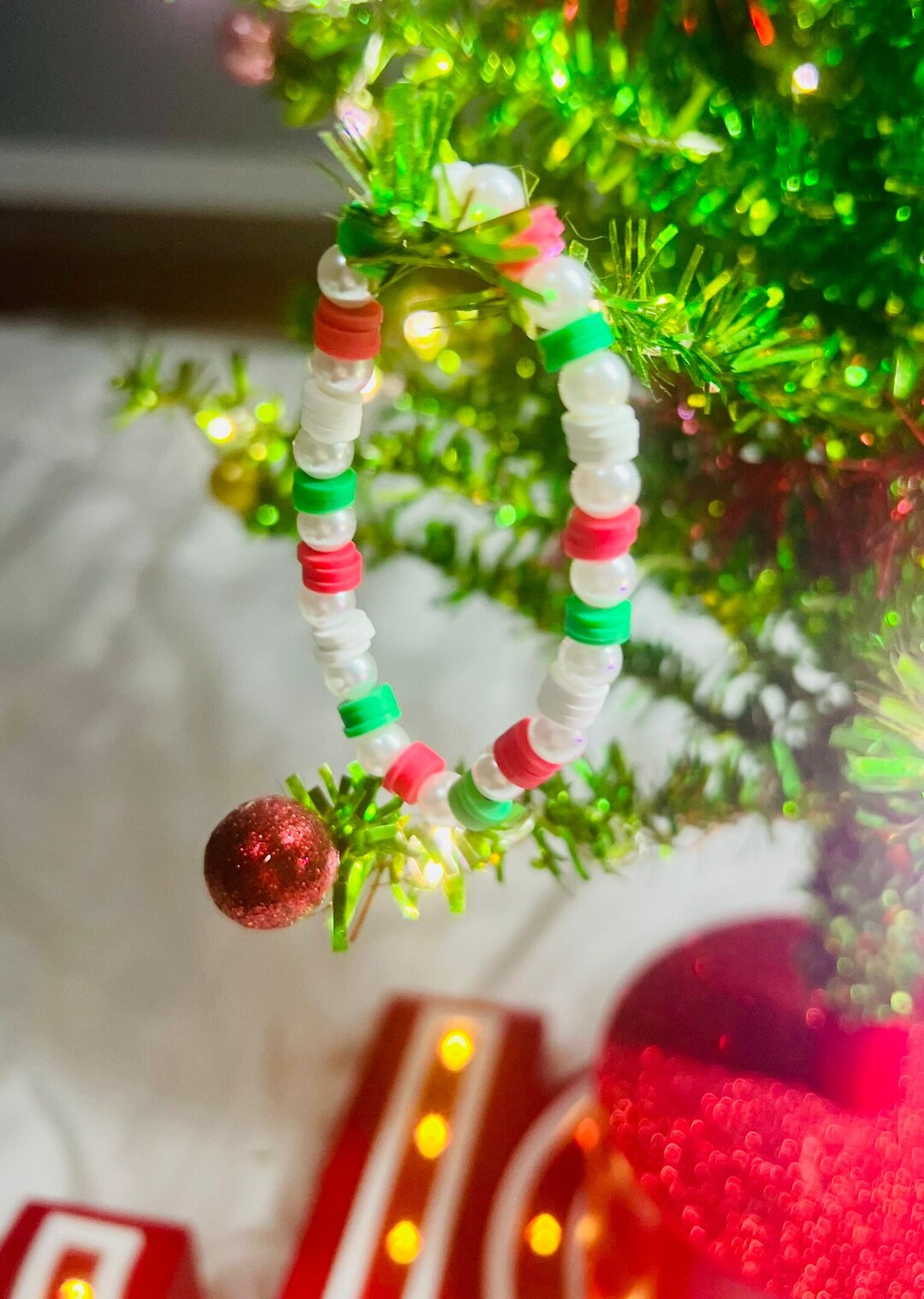 Christmas Clay Bead and Pearl Bracelet, Stretchy Elastic String. Etsy