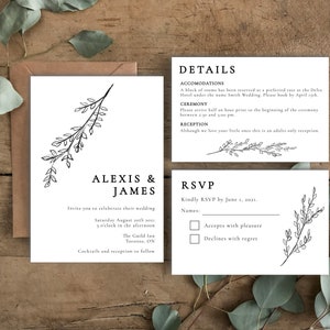 Minimalist Botanical Wedding Invitation Set | Modern Wedding Invitation Suite | Simple Floral Wedding Invitations | Wedding Flowers