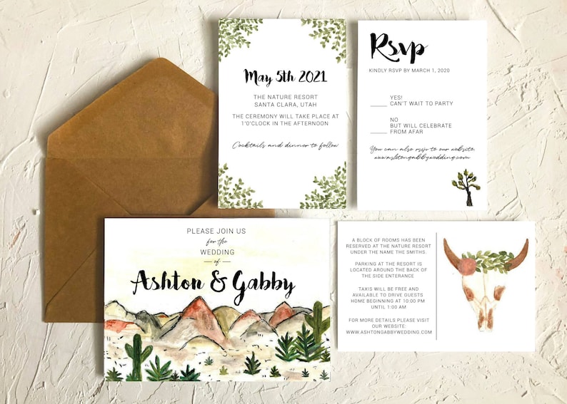 Desert Wedding Invitation Set Custom Wedding Invitations Wild West Modern Wedding Invitations South Western Invitations Cactus image 1