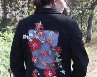 Medium, black denim jacket with beautiful red flowered lace, unique, gift for sister, gift for wife, gift for friend, concert outfit