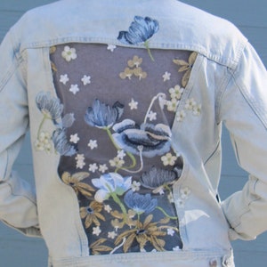 XS, S, M. L, XL, XXL, 3XL Light blue denim jacket with beautiful blue and gold lace, unique, gift for sister, gift for wife, gift for friend