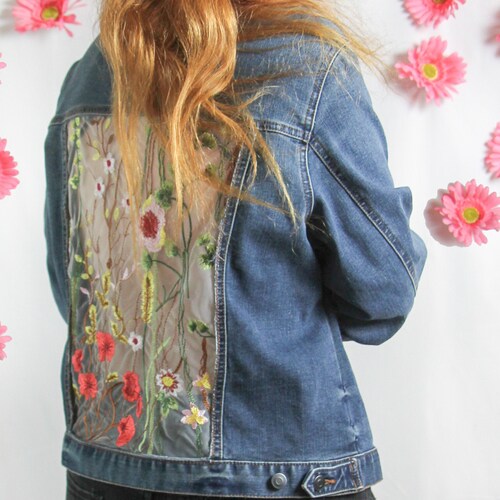 One of a Kind Denim Jacket With Flowered Lace XS S M L - Etsy