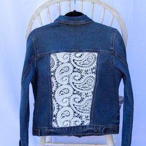 Denim jacket with white paisley lace, XS, S, M, L, XL, 2XL, 3XL, lace paneled jacket, jean jacket, unique denim, unique gift image 4