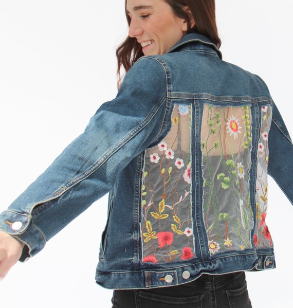 Custom Denim Jacket With Floral Lace, Unique Jean Jacket (M) - Etsy