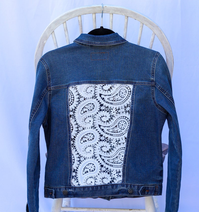 Denim jacket with white paisley lace, XS, S, M, L, XL, 2XL, 3XL, lace paneled jacket, jean jacket, unique denim, unique gift image 4