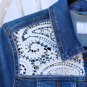 Denim jacket with white paisley lace, XS, S, M, L, XL, 2XL, 3XL, lace paneled jacket, jean jacket, unique denim, unique gift image 5