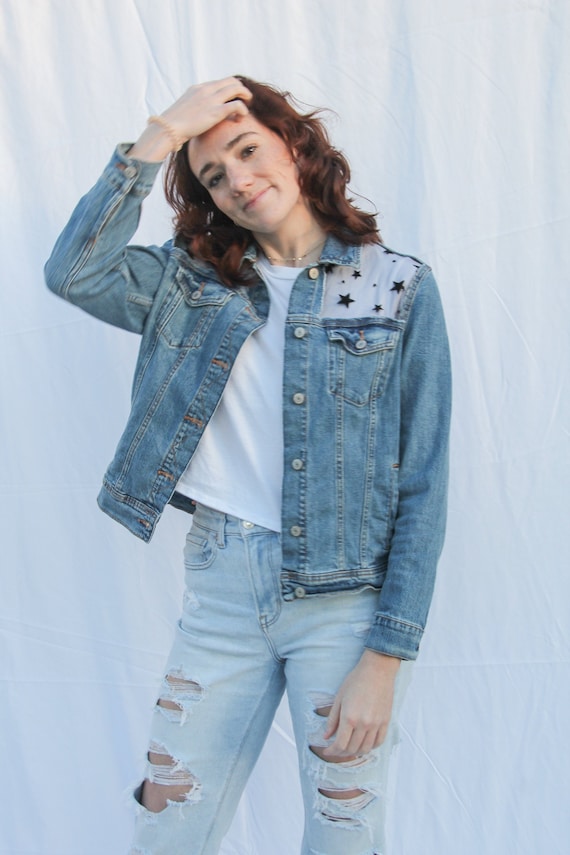 Beautiful Denim Jacket W/ Black Star Lace, XS, S, M, L, XL, 2XL