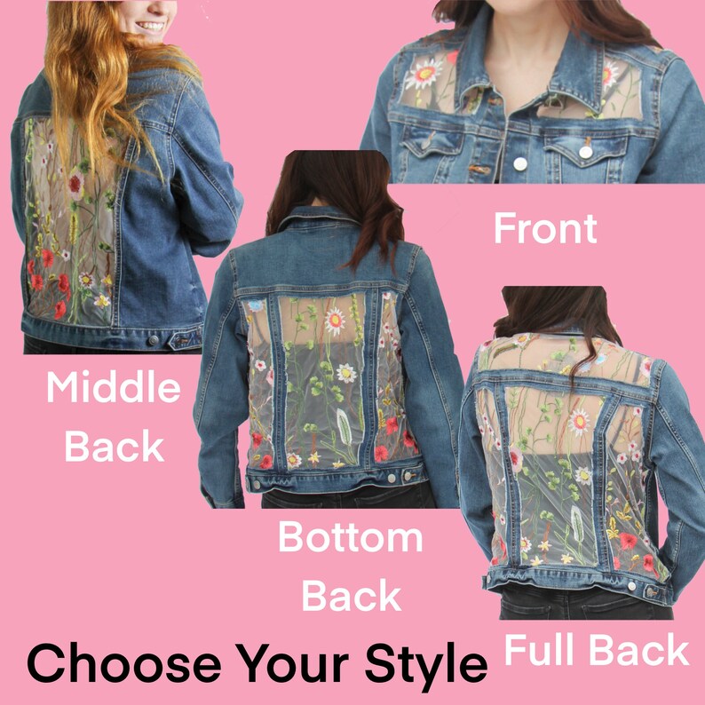 Denim jacket with white paisley lace, XS, S, M, L, XL, 2XL, 3XL, lace paneled jacket, jean jacket, unique denim, unique gift image 7