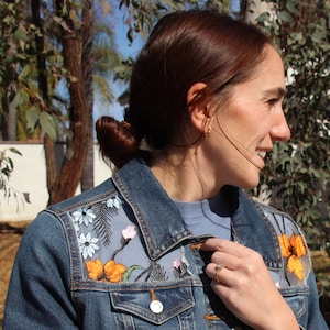 Stunning jean jacket inlaid with beautiful blue and orange lace, XS, S, M, L, XL, XXL, 3XL, gift for your hard to buy for women