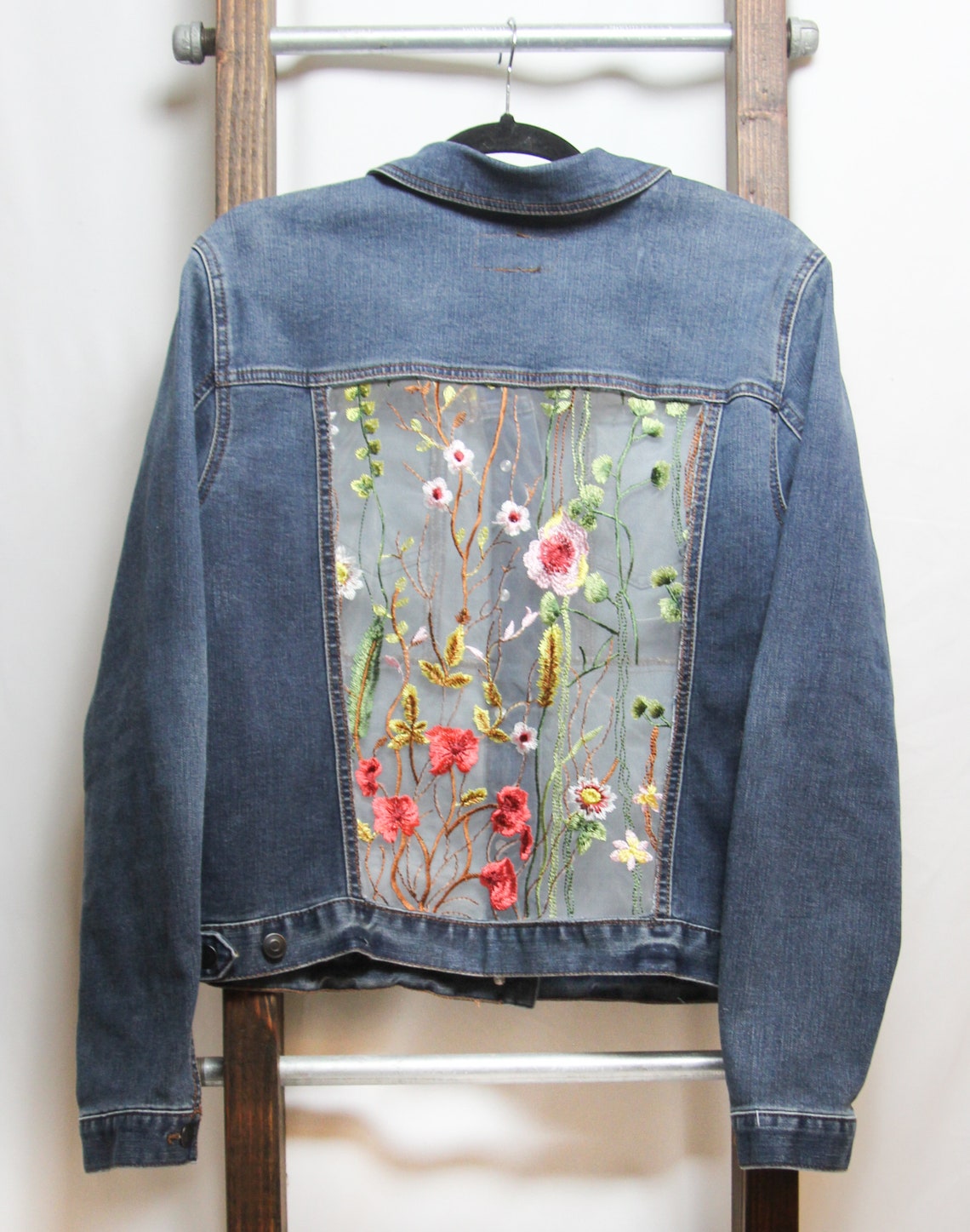 One of a Kind Denim Jacket With Flowered Lace XS S M L - Etsy
