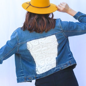 Denim jacket with white paisley lace, XS, S, M, L, XL, 2XL, 3XL, lace paneled jacket, jean jacket, unique denim, unique gift image 2