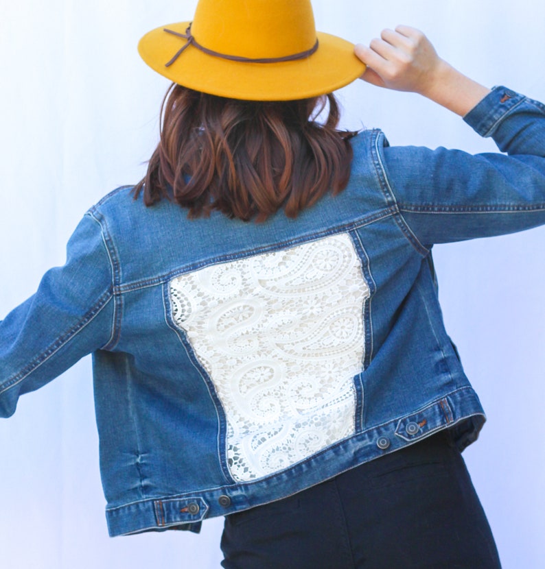 Denim jacket with white paisley lace, XS, S, M, L, XL, 2XL, 3XL, lace paneled jacket, jean jacket, unique denim, unique gift image 2