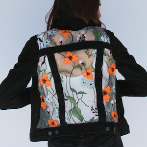 Poppy Lace Inlaid Black Denim Jacket, Unique Women&#39;s Fashion, S-2XL
