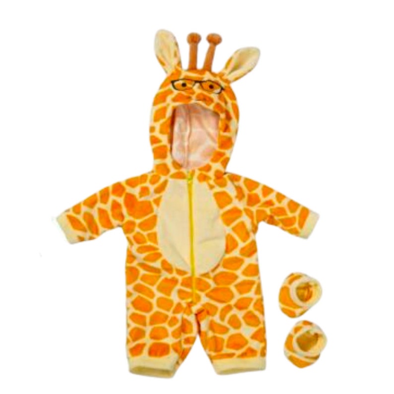 Hooded velvet zip-up animal rompers with matching booties for preemie reborn dolls, mini reborns, American girl dolls and other small dolls. Giraffe, owl, mouse, cow and elephant costume.