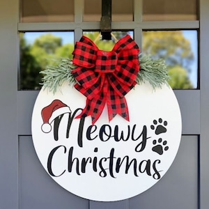 Christmas Front Door Decor | Christmas Wreath | Cat Christmas Sign | Meow | Cat Welcome Sign | Door Wreath | Christmas Decor
