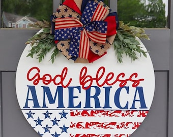 Voordeurdecoratie 4 juli | Krans van 4 juli | Patriottische krans | Voordeurkrans | Patriottisch deurbord | God zegene Amerika