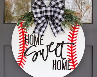 Panneau de bienvenue de baseball | Couronne de baseball | Enseigne de baseball pour porte d'entrée | Home Sweet Home | Accroche-porte | Sport Bienvenue | Décoration de base-ball