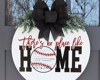 Panneau de bienvenue de baseball | Plaque pour porte d'entrée | Couronne de baseball | Décoration de baseball | Cadeau de baseball | Aucun endroit comme à la maison | Accroche-porte de baseball