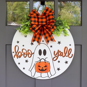 Halloween Front Door Decor | Halloween Wreath | Happy Halloween | Boo Y&#39;all Ghost Sign | Trick Or Treat Door Sign | Cute Halloween Decor