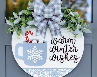 Winter Front Door Welcome Sign | Winter Front Door Wreath | Warm Winter Wishes | Snowflake Door Hanger | Let it Snow | Door Decor