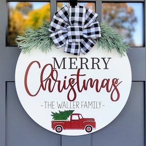 Christmas Front Door Decor | Christmas Truck Welcome Sign | Family Name Sign | Christmas Wreath | Christmas Decor | Merry Christmas