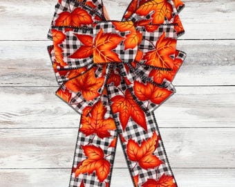 Plaid Fall Bow, Fall Leaf Lantern Bow, Black & White Plaid Wreath Bow, Fall Wreath Bow, Fall Ribbon Bow, Orange Plaid Lantern Bow