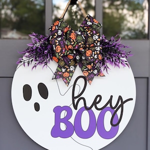 Halloween Front Door Decor | Hey Boo Sign | Ghost Welcome Sign | Halloween Wreath | Halloween Porch Decor | Ghost Door Hanger | Boo