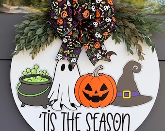Front Door Halloween Sign | Halloween Wreath | Tis the Season Ghost Witches | Happy Halloween Sign | Halloween Door Hanger | Fall Wreath