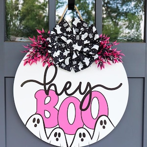 Halloween Front Door Decor | Hey Boo Door Sign | Hey Boo Door Hanger | Ghost Sign | Halloween Porch Decor | Pink Halloween Sign | Pink Ghost