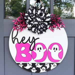 Halloween Front Door Decor | Halloween Wreath | Hey Boo Sign | Pink Ghost Door Sign | Pink Halloween Decor | Pink Halloween Door Hanger