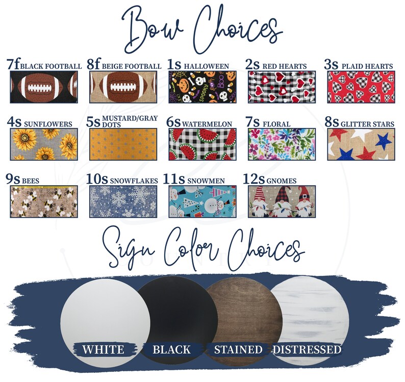 Pu&ograve; includere: Immagine che mostra le opzioni di fiocco e colore del cartello. Le scelte di fiocco includono calcio, Halloween, cuori, girasoli, pois, anguria, floreale, stelle, api, fiocchi di neve, pupazzi di neve e gnomi. Le opzioni di colore del cartello sono bianco, nero, macchiato e invecchiato.