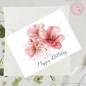 Afdrukbare verjaardagskaart, bloemen verjaardagskaart, digitale download, aquarel verjaardagskaart met roze pioenbloemen, afdrukbare kaart