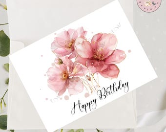 Biglietto di auguri di compleanno con peonia rosa: disegno floreale ad acquerello (PDF e JPG)