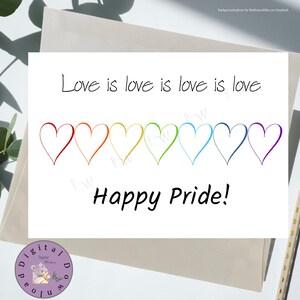 Carte Happy Pride 5 x 7, téléchargement numérique, carte Love is love, carte coeurs arc-en-ciel