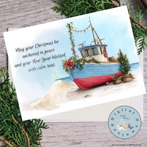 Tarjeta navideña costera, felicitación náutica, descarga digital, tarjeta para imprimir en casa