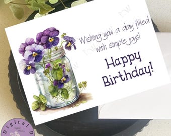 Floral Birthday Card: Simple Joys, Violets in Mason Jar (Digital Download)