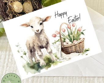 Lamm Osterkarte, Aquarell Tulpen (Digitaler Download