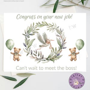 5x7 Printable Mom-to-be card, Baby congratulations card, Funny baby card, stork card, neutral gender baby shower card, sage green baby card