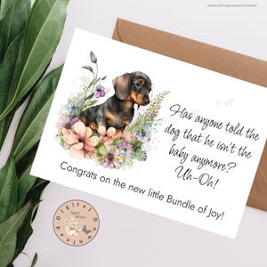 Cartão de boas-vindas para bebê para impressão, cartão de parabéns pelo novo bebê, cartão de bebê com tema de Dachshund, cartão digital para download
